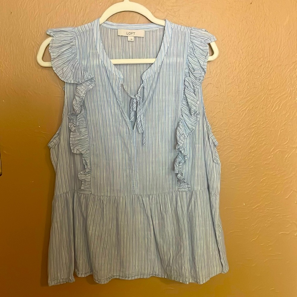 LOFT Blue & White Striped Ruffled tank top, Size L